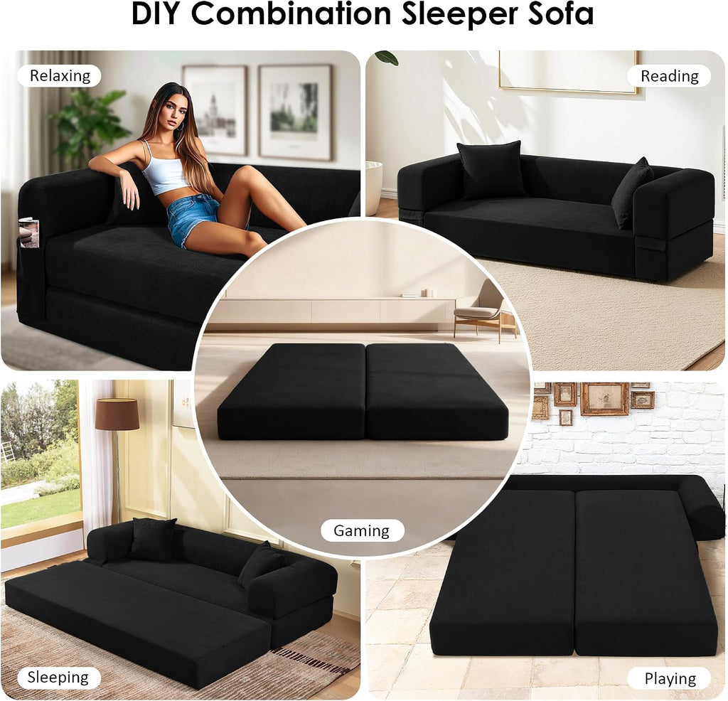 80' Convertible Sofa Bed, Corduroy Deep Seat Folding Pull Out Couch with Pillows, No Assembly Modern Boneless Couch Compression Sofa in Box, Floor Sofa with Storage Pocket for Living Room,Black
