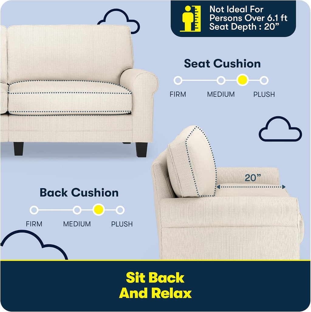 Serta Copenhagen 78' Rolled Arm Sofa, Easy Care Polyester, Soft Pillow Back, Pocket Coil Seat Cushions, Removable Covers, Loveseat or Couch for Small Spaces, Living Rooms or Bedrooms, Buckwheat Beige