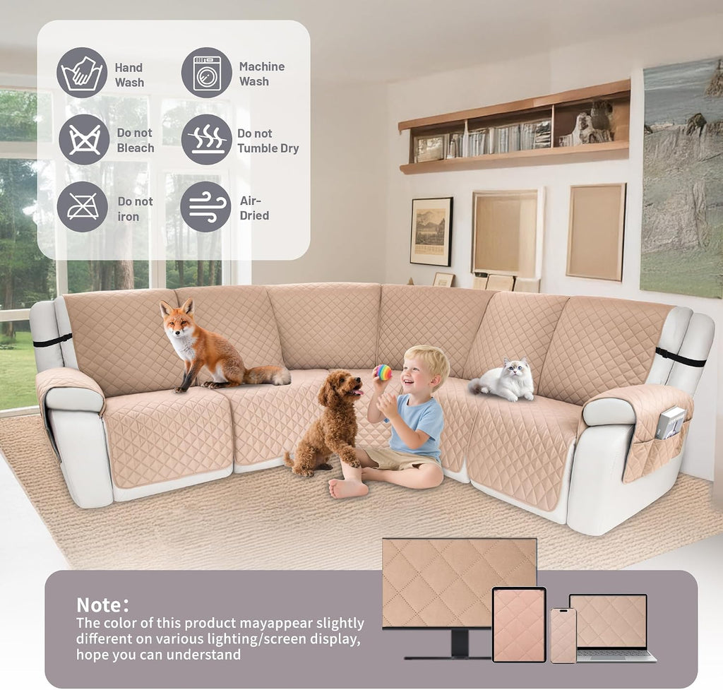 Waterproof Sectional Reclining Couch Covers L Shaped Recliner Sectional Sofa Cover 7 Piece Non Slip Washable Corner Recliner Slipcover Set for Pet Dog (5 Seater Cover, Apricot)