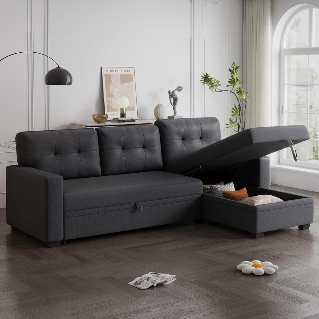 82' L-Shape Convertible Sleeper Sectional Sofa with Storage Chaise and Pull-Out Bed,Upholstered Reversible Corner 3 Seater Couch with Button Tufted Backrest & Armrest,for Living Room,Dark Gray