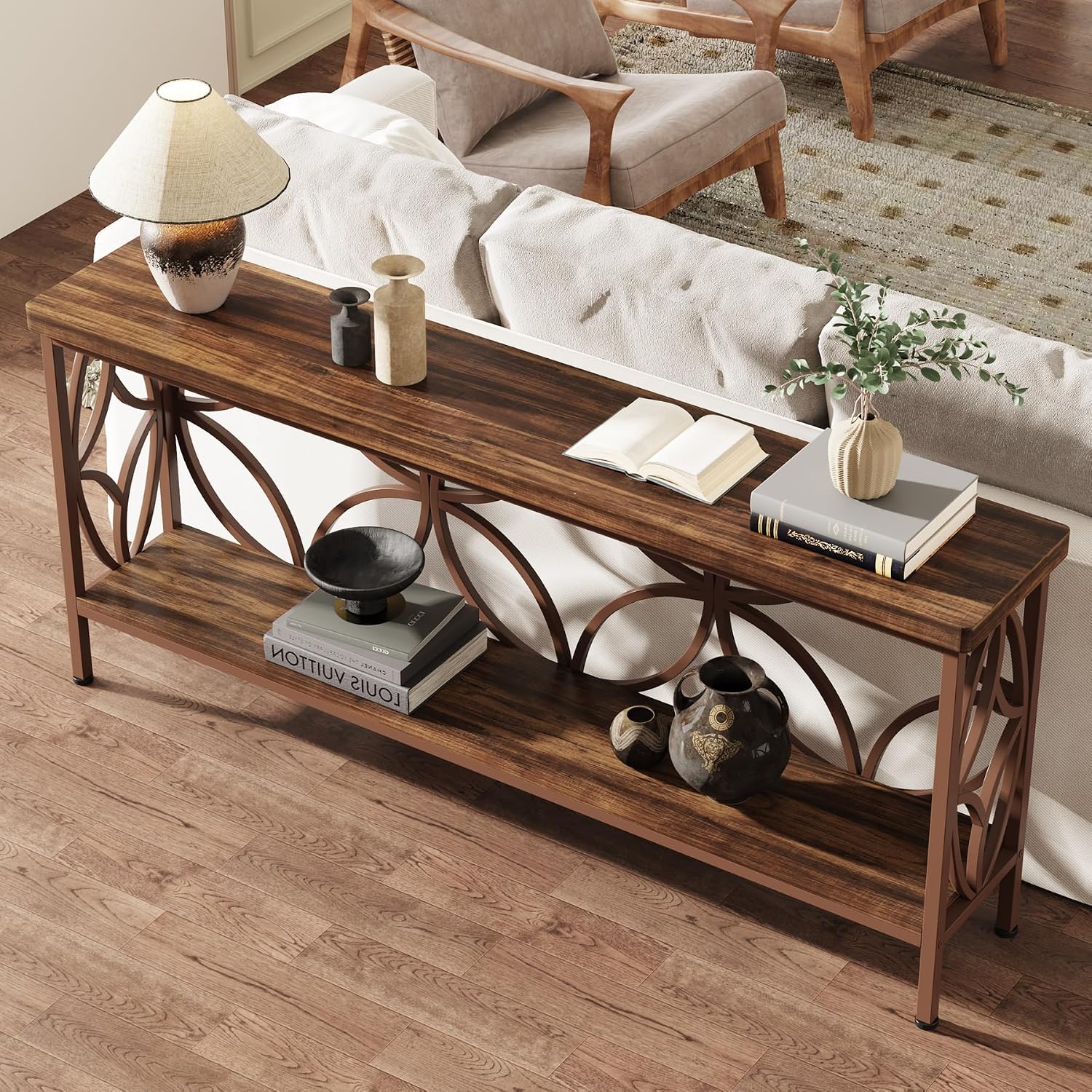 Tribesigns 70.9-Inch Narrow Sofa Table, 2-Tier Industrial Console Table Behind Couch, Long Entry Tables with Storage for Entryway, Living Room, Foyer, Hallway, Glossy Brown
