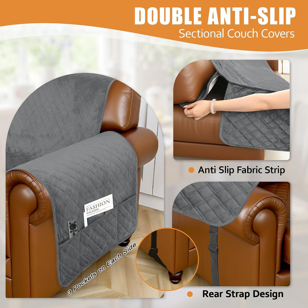 Arfntevss Waterproof Sectional Couch Covers L Shape Washable Velvet Sofa Cover for Sectional Non Slip U Shaped Corner Sofa Slipcover Sets Dog 6 Pcs Universal Furniture Protector (Dark Grey, Small)