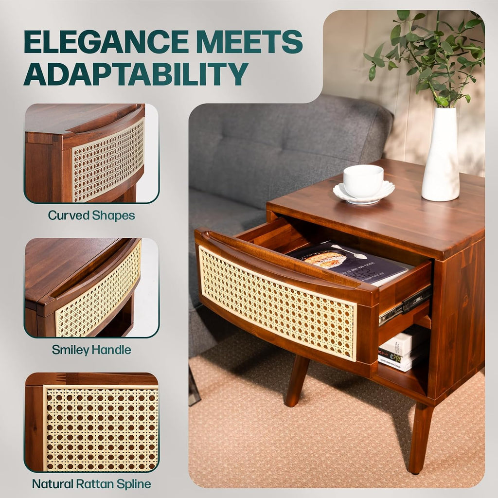 Bme Nancy Side Tables Bedroom, US Patent Pending Design, Acacia Wood Nightstand with Curved Shape and Inlaid Rattan, Nightstand with Drawers, Quick Leg Assembly, Dark Chocolate