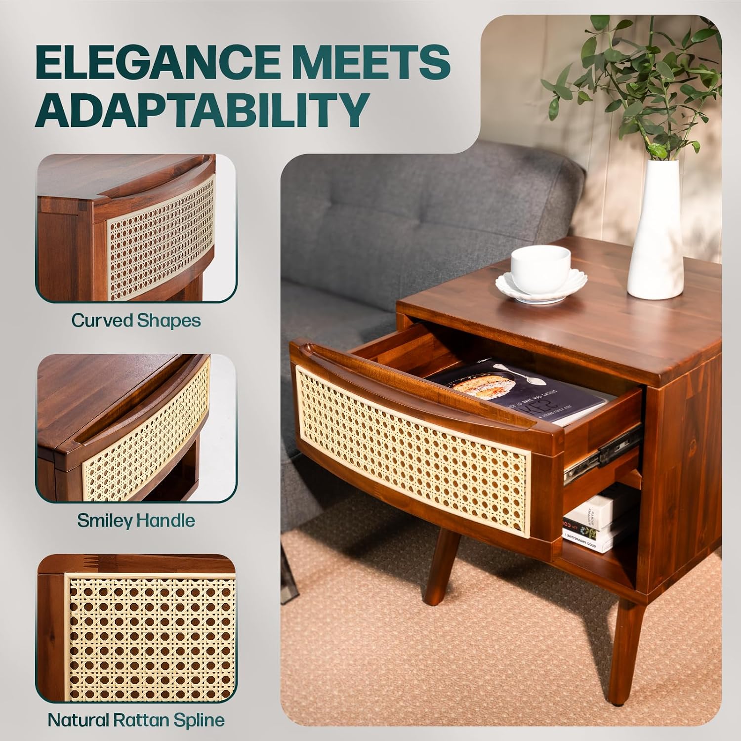 Bme Nancy Side Tables Bedroom, US Patent Pending Design, Acacia Wood Nightstand with Curved Shape and Inlaid Rattan, Nightstand with Drawers, Quick Leg Assembly, Dark Chocolate