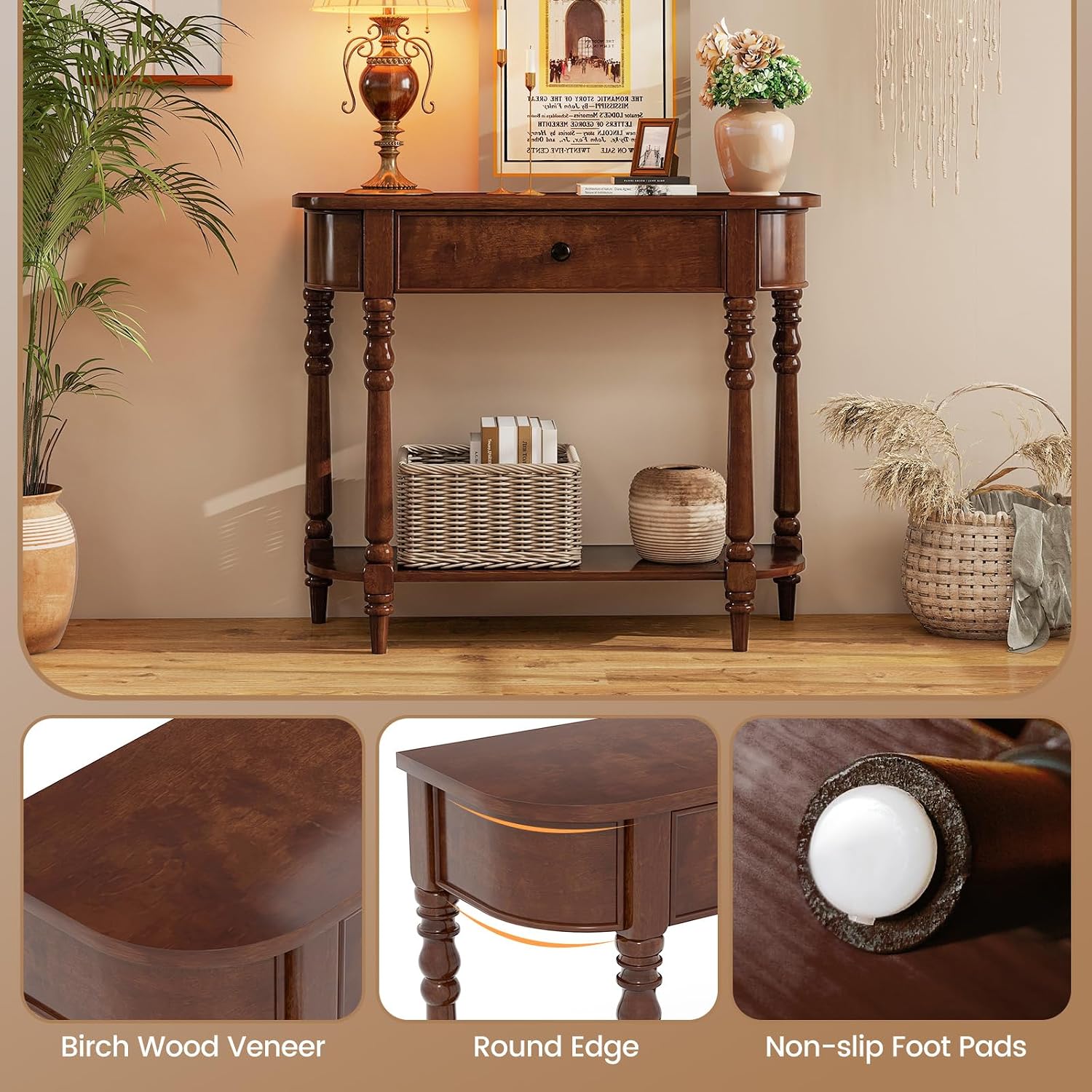 Giantex 2-Tier Console Table, 36' Retro Entryway Table with Storage Drawer & Elegant Legs, Narrow Wooden Sofa Table with Open Shelf for Living Room, Foyer, Hallway, Bedroom, Entrance (Brown)