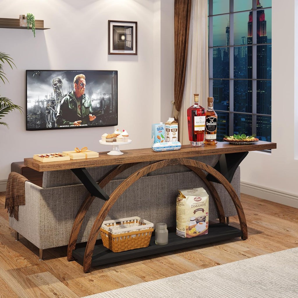 Tribesigns 70.87' Console Table with Storage Shelf, Narrow Long Sofa Table Behind Couch Table, 2-Tier Rustic Entryway Table with Half Moon Frame for Hallway Living Room (Brown & Black)