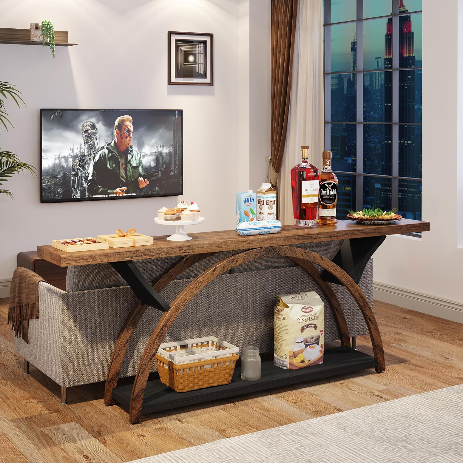 Tribesigns 70.87' Console Table with Storage Shelf, Narrow Long Sofa Table Behind Couch Table, 2-Tier Rustic Entryway Table with Half Moon Frame for Hallway Living Room (Brown & Black)
