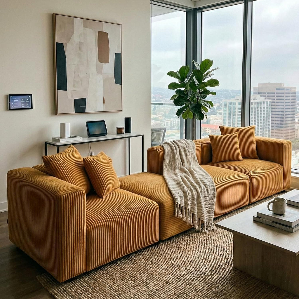 Acanva Convertible Modular Sectional Sofa with Movable Ottomans, Free Combination Corduroy Couch for Living Room Apartments, L-Shaped, Yellow
