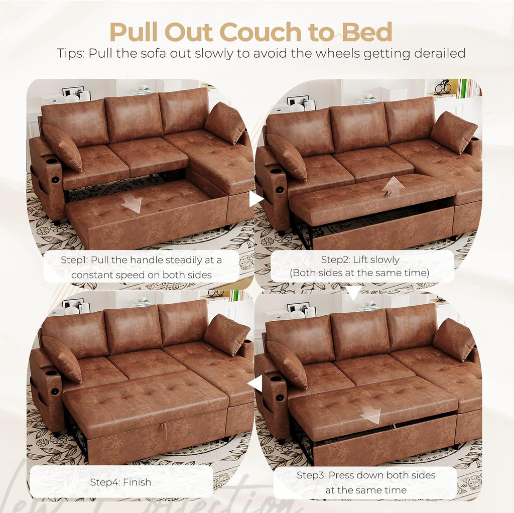 Esright Sleeper Sofa Bed, 3-in-1 Pull Out Couch with Reversible Chaise, Leather Sleeper Sofa with Storage, USB, Cup Holder, Pullout Sectional Couches for Apartment Living Room, Brown