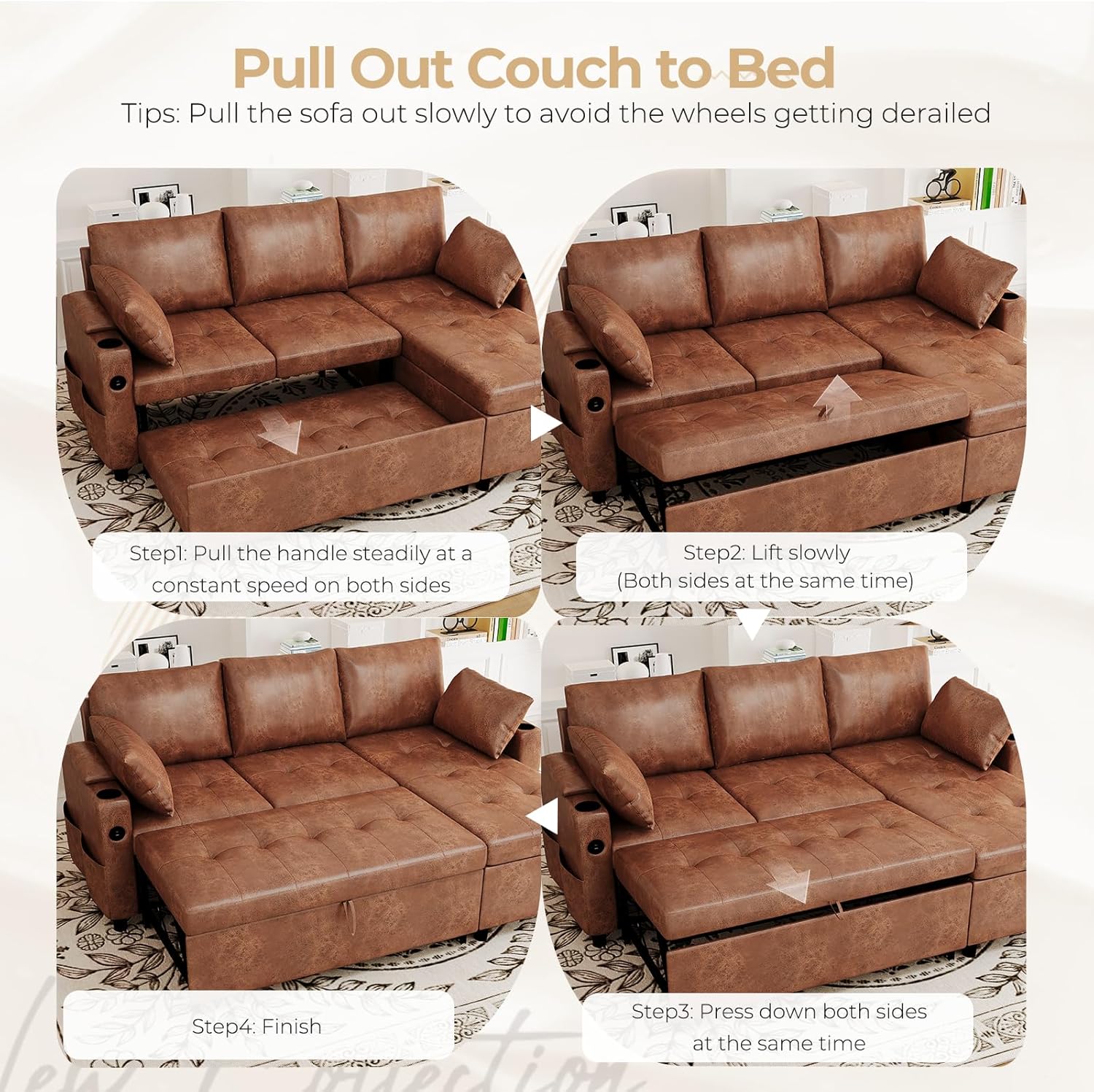 Esright Sleeper Sofa Bed, 3-in-1 Pull Out Couch with Reversible Chaise, Leather Sleeper Sofa with Storage, USB, Cup Holder, Pullout Sectional Couches for Apartment Living Room, Brown