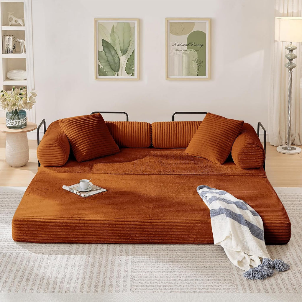 Antetek Modular Couch Bed, Convertible Folding Plush Corduroy Comfy Floor Compression Loveseat Sleeper Sofa Couch, King Size Bed for Guest Room Living Room Bedroom, No Assembly Required, Orange