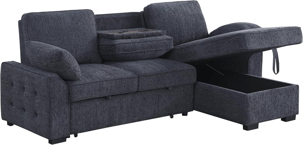 ERYE L-Shaped Pull Out Sleeper Sofa Bed, Modern Chenille Upholstered Button Tufted Corner Reversible Sleeper Sectional Sofa Couch with Storage Chaise, Drop-Down Table, Cup Holders and Charging Ports