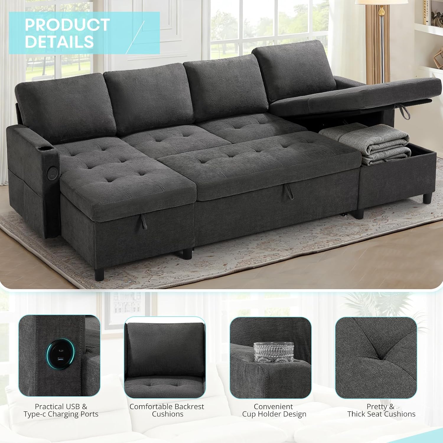 110' Fabric Pull-Out Couch Bed w/Adjustable Backrests, Sectional Sleeper Sofa w/USB Ports & 2 Cup Holders, Upholstered U-Shaped Couch w/Storage Chaise for Living Room, House, Grey