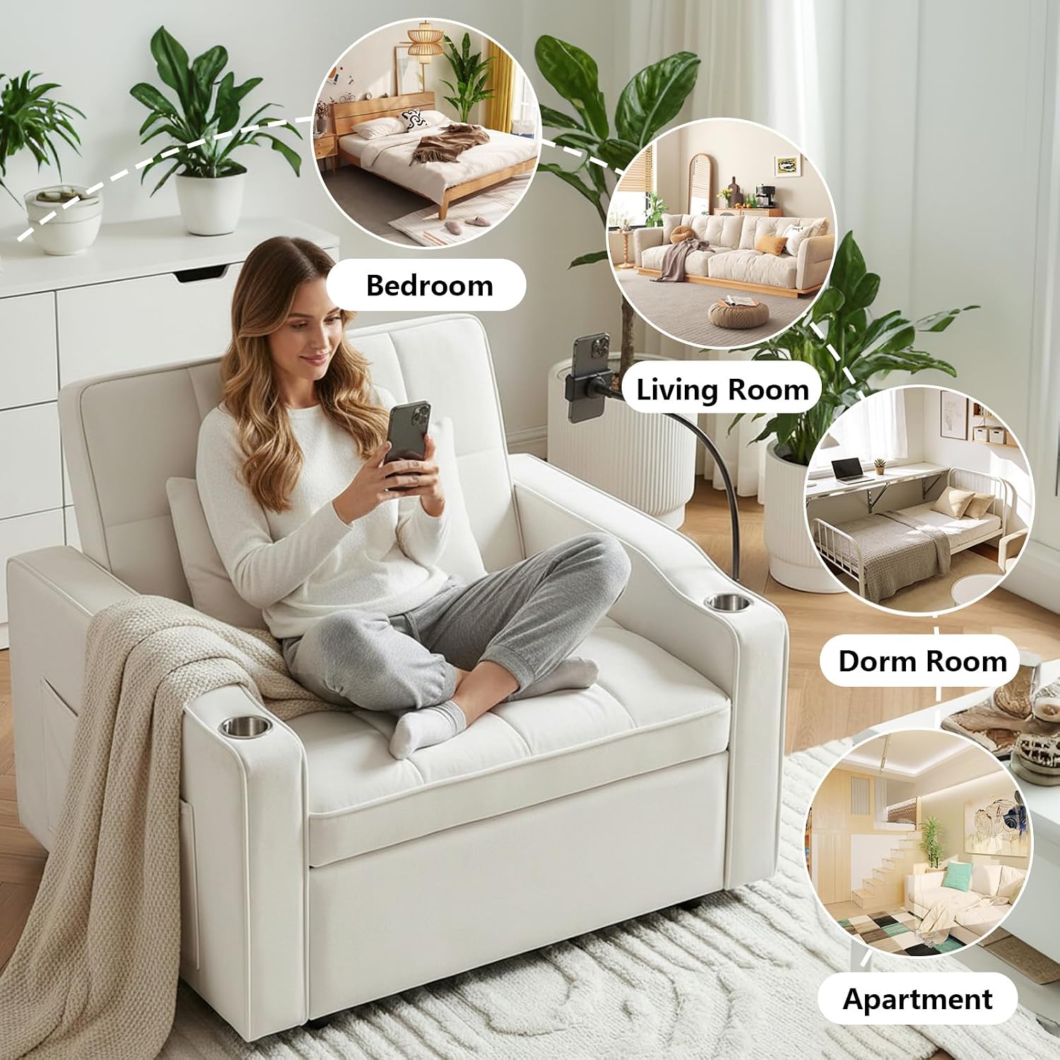 Majnesvon Modern Velvet Fabric Sofa Bed Futon,3 in 1 Convertible Pullout Bed Couches with 3 Reclining Backrests,Phone Stand,Small Sofa Single Sleeper Chair Bed for Living Room Bedroom (Beige)