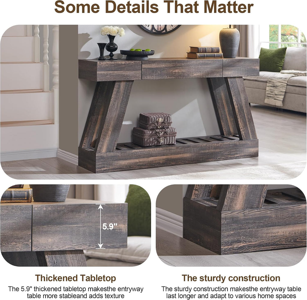 60' Farmhouse Entryway Table with Drawer, Entry Table with Storage, Sofa Table for Living Room, Behind Couch, Sofa(Dark Rustic Oak)