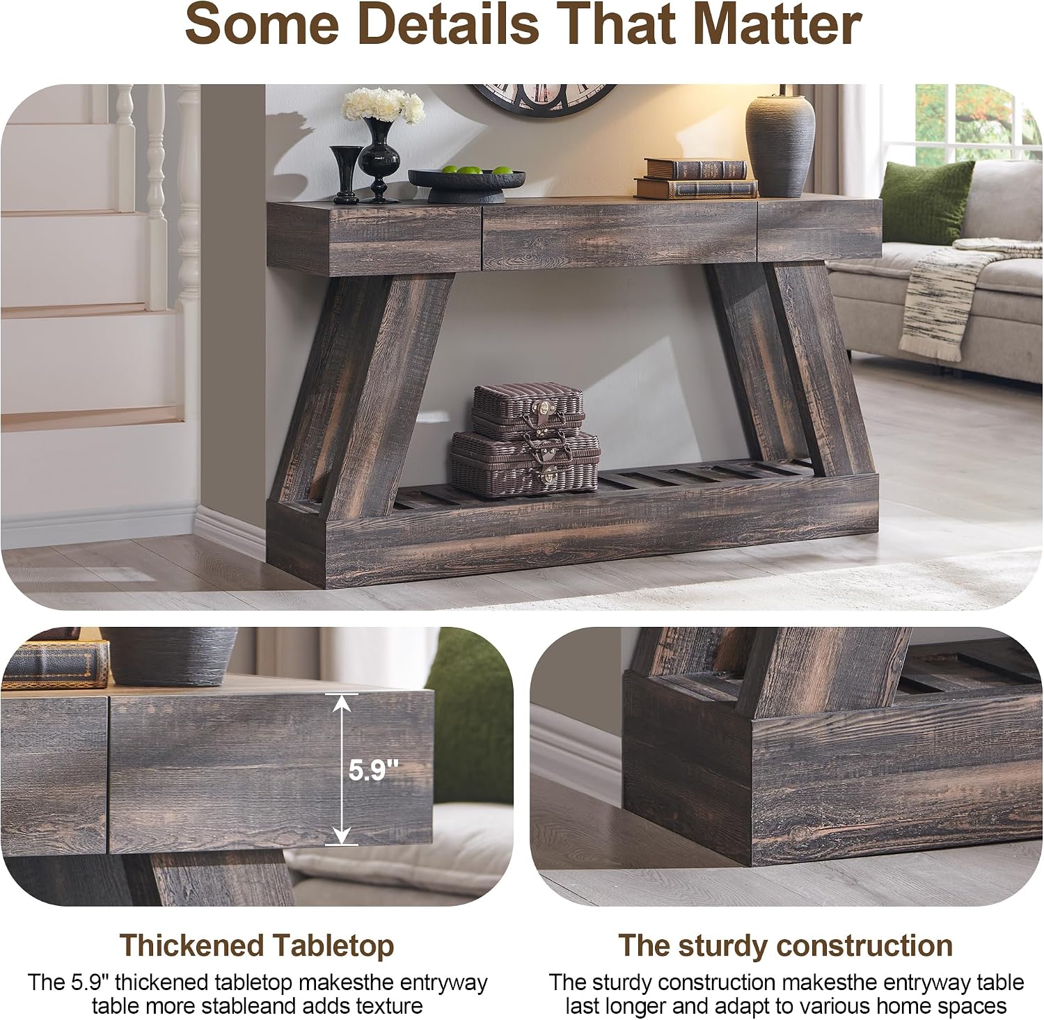 60' Farmhouse Entryway Table with Drawer, Entry Table with Storage, Sofa Table for Living Room, Behind Couch, Sofa(Dark Rustic Oak)
