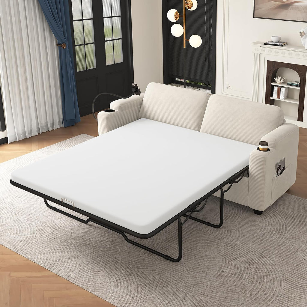 Merax Pull-Out Sleeper Sofa Bed with Full Size Mattress and Two Side Pockets, 3 in 1 Foton Couch with USB Ports | Phone & Cup Holders, Corduroy Loveseat for Living Room, Beige