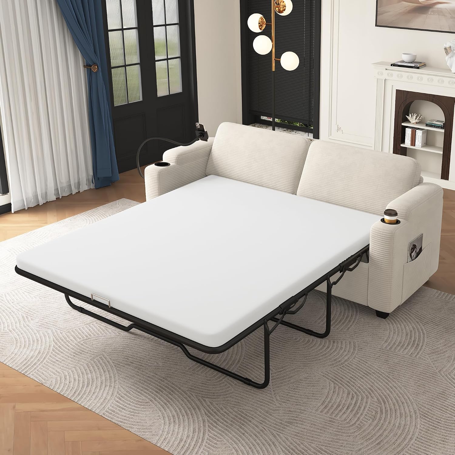 Merax Pull-Out Sleeper Sofa Bed with Full Size Mattress and Two Side Pockets, 3 in 1 Foton Couch with USB Ports | Phone & Cup Holders, Corduroy Loveseat for Living Room, Beige