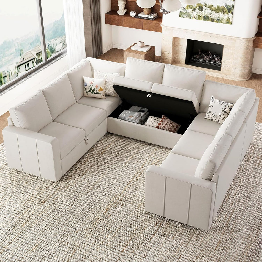 Belffin Modular Sectional Sleeper Sofa Bed with Pull Out Couch, Oversized U Shaped Modular Sleeper Couch with Double Pull Out Bed, Convertible Sectional Couches for Living Room, Beige