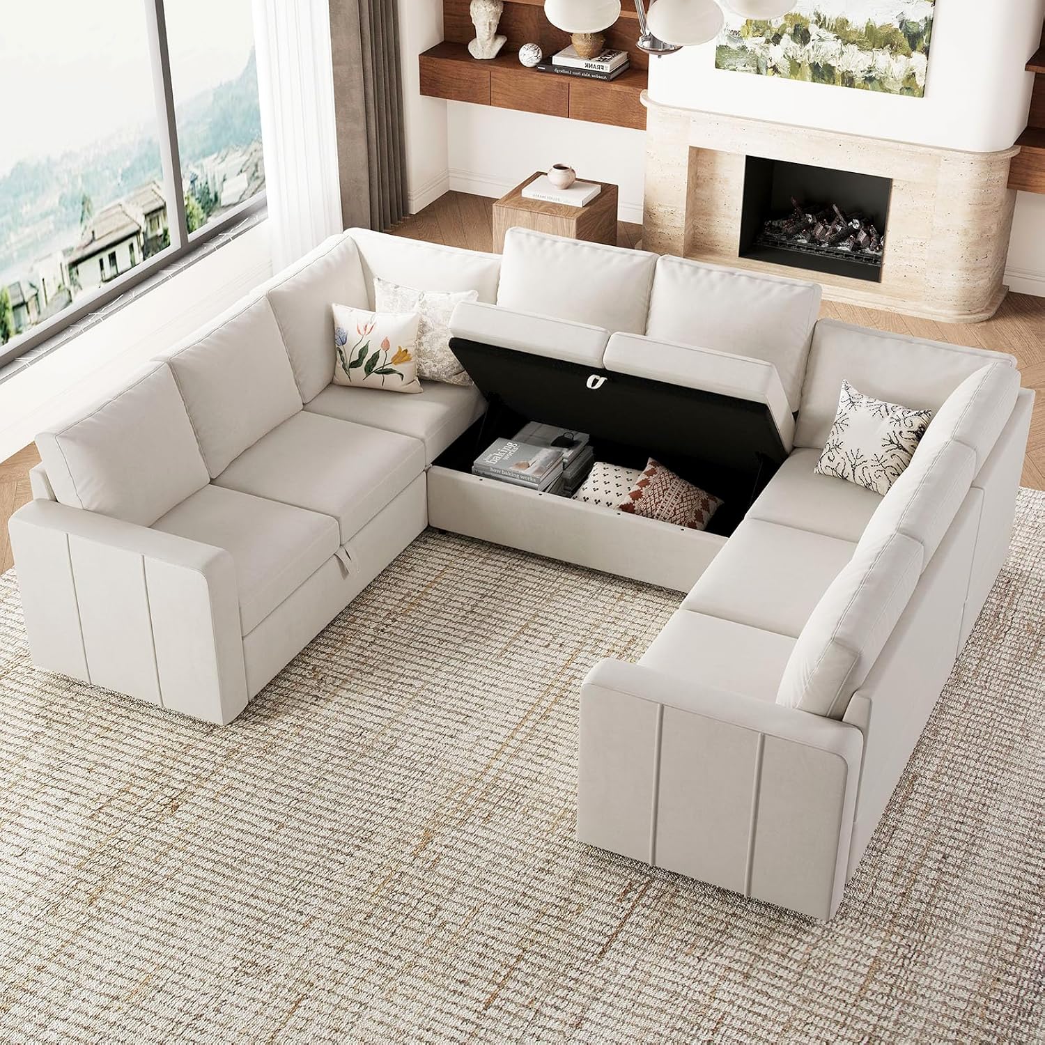 Belffin Modular Sectional Sleeper Sofa Bed with Pull Out Couch, Oversized U Shaped Modular Sleeper Couch with Double Pull Out Bed, Convertible Sectional Couches for Living Room, Beige