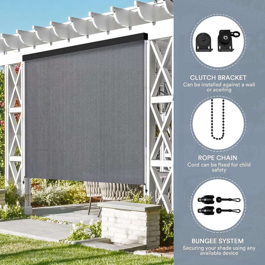 Outdoor Roller Shade, Exterior Patio Corded Blinds with Aluminum Valance Roll Up Shades for Porch Balcony Backyard (7' W X 8' L), Anthracite Grey
