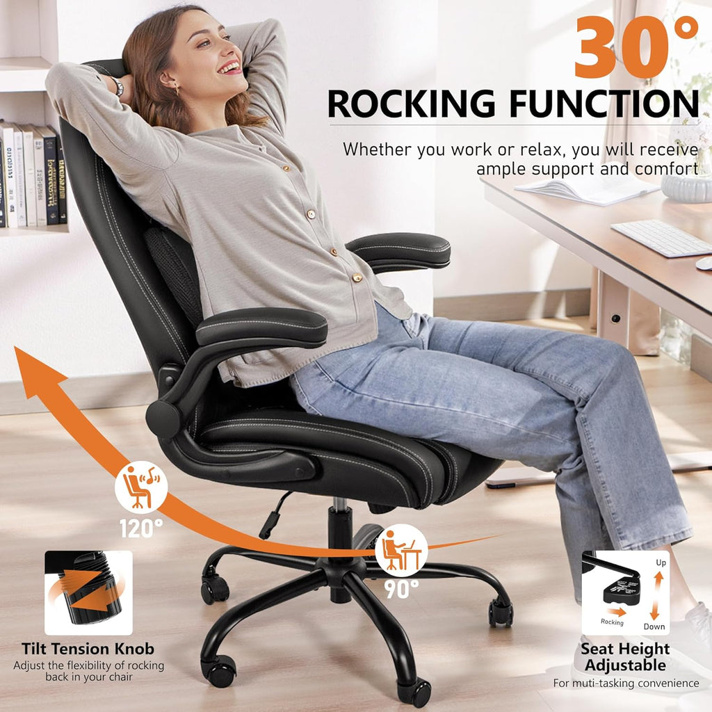 BESTFAIR Office Chair, Ergonomic Computer Desk Chairs with Lumbar Support for Lower Back Pain Relief, Executive Leather Home Chair Comfy with Padded Flip-up Armrests, Black