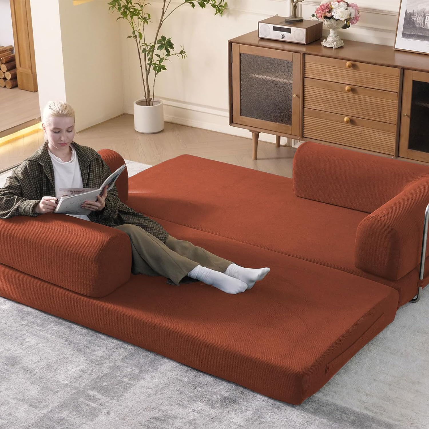 WHGBJA 79' Convertible Sleeper Sofa Bed with Cylindrical Pillow, Corduroy Folding Mattress Couch with Fixed-Shape Frame, Floor Sofa Lounge Couch for Living Room Bedroom Lounge Studio