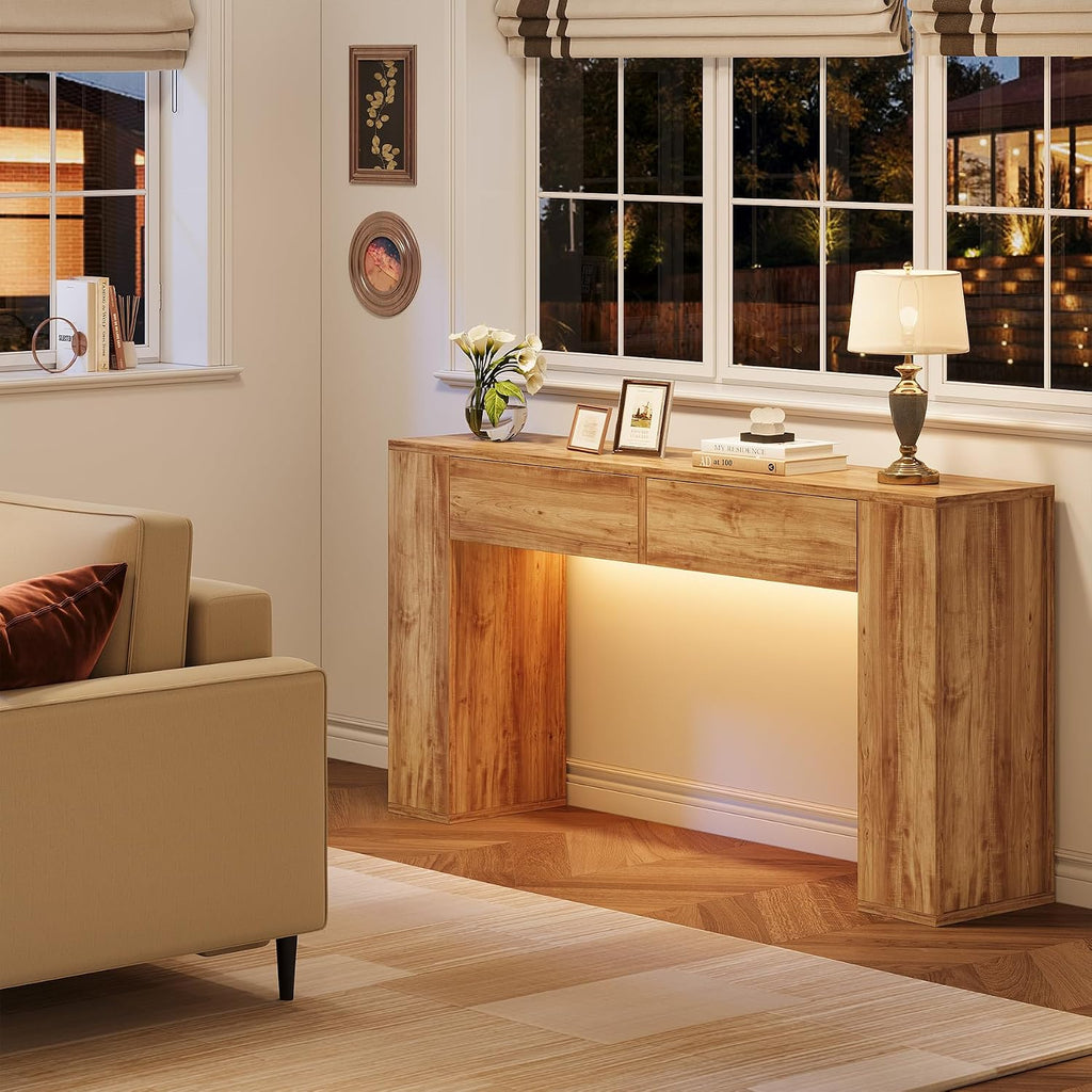 Farmhouse Console Table with LED Light and 2 Drawers, 55 inch Long Sofa Table Behind Couch, Narrow Entry Table for Entryway, Hallway, Entrance, Living Room (Light Brown)