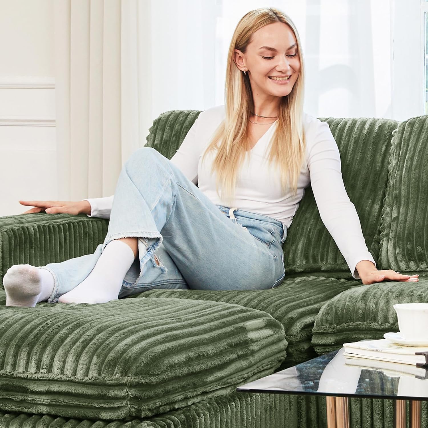 Belffin Modular Sectional Sofa with Sleeper Sofa, Oversized Cloud Couch with Extra Deep Seat, Upholstered 6 Seat Sectional Couches for Living Room, Plush Corduroy Green