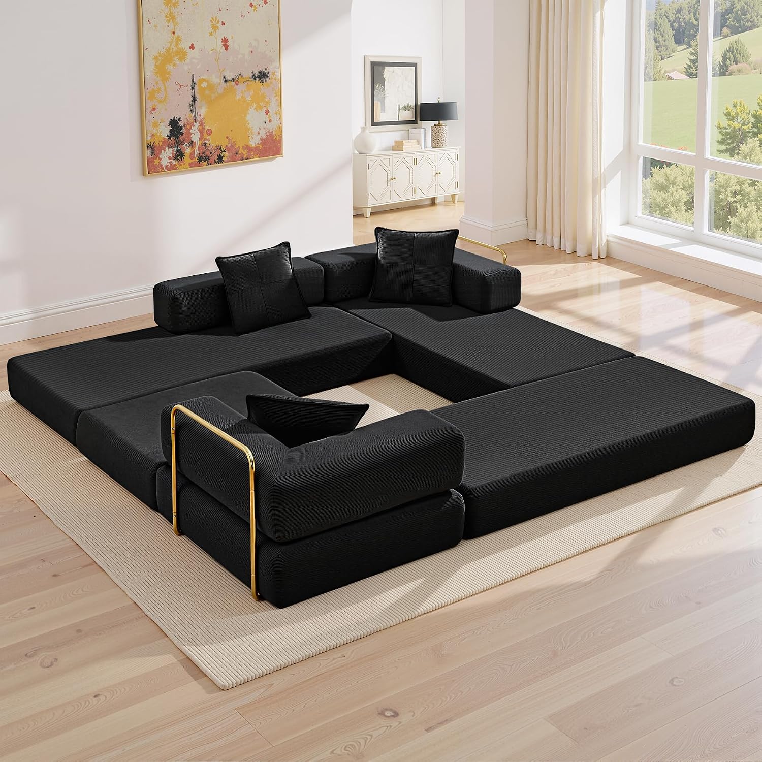ivoros 108' Oversized Convertible Sleeper Sofa Bed, Corduroy L Shape Sectional Couch, Folding Sofa Bed with Fixed-Shape Frame, Modern Cloud Floor Mattress Couch, Modular Sofa for Living Room, Black