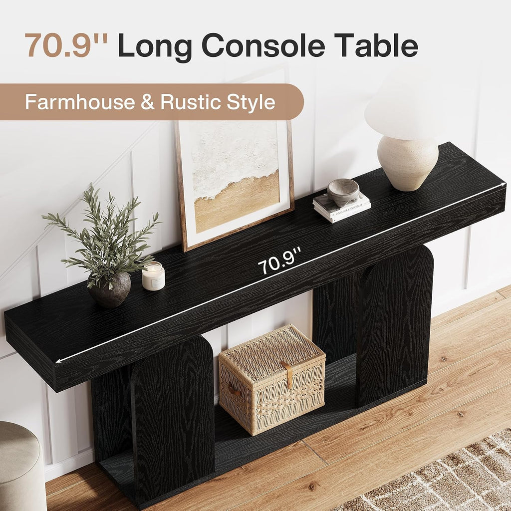 Tribesigns Farmhouse Wood Console Table, 70.9-Inch Entryway Accent Table with U-Shaped Base, 2-Tier Extra Long Sofa Tables for Entrance, Hallway, Living Room (Black)
