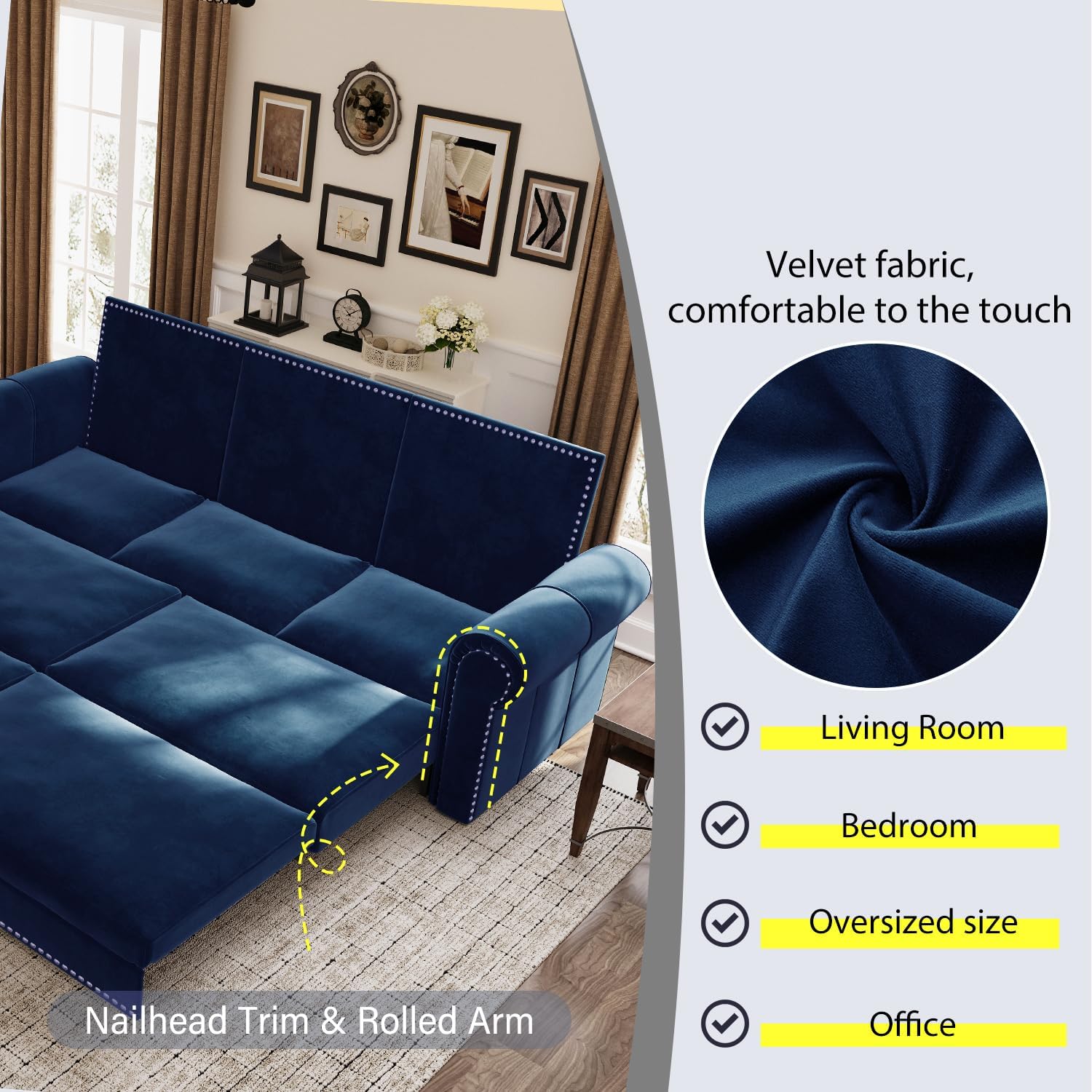 93.7' King Size Sofa Sleeper with Pull Out Bed, 3 in 1 Convertible Sleeper Sofa Bed, Velvet Folding Loveseat 3-Seater Couch with Deep Seat, Nailhead Trim & Rolled Arm for Living Room (Blue)