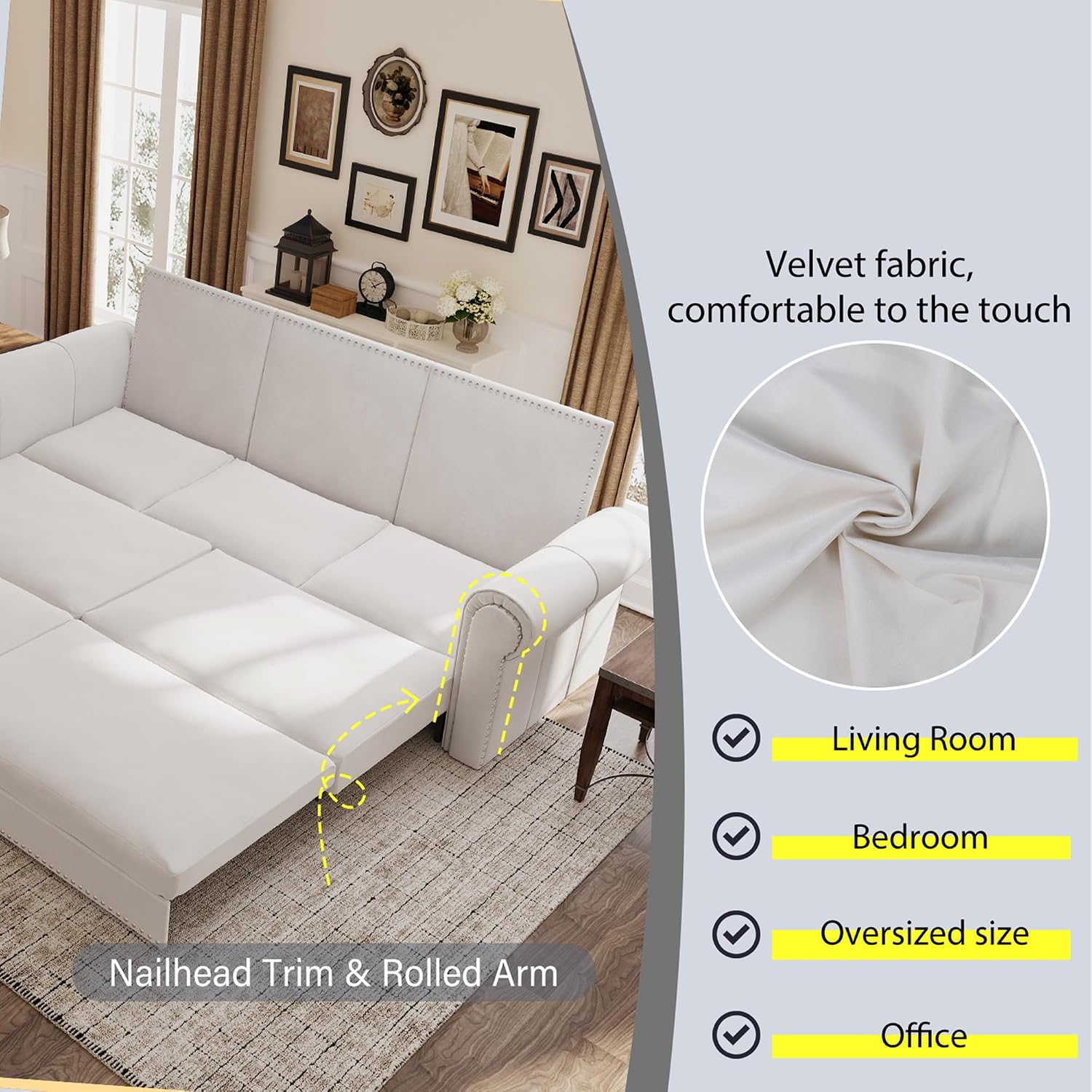 3 in 1 Convertible Sleeper Sofa Bed, 93.7' King Size Sofa Sleeper with Pull Out Bed, Velvet Folding Loveseat Sofa 3-Seater with Deep Seat, Nailhead Trim & Rolled Arm for Living Room (Beige)