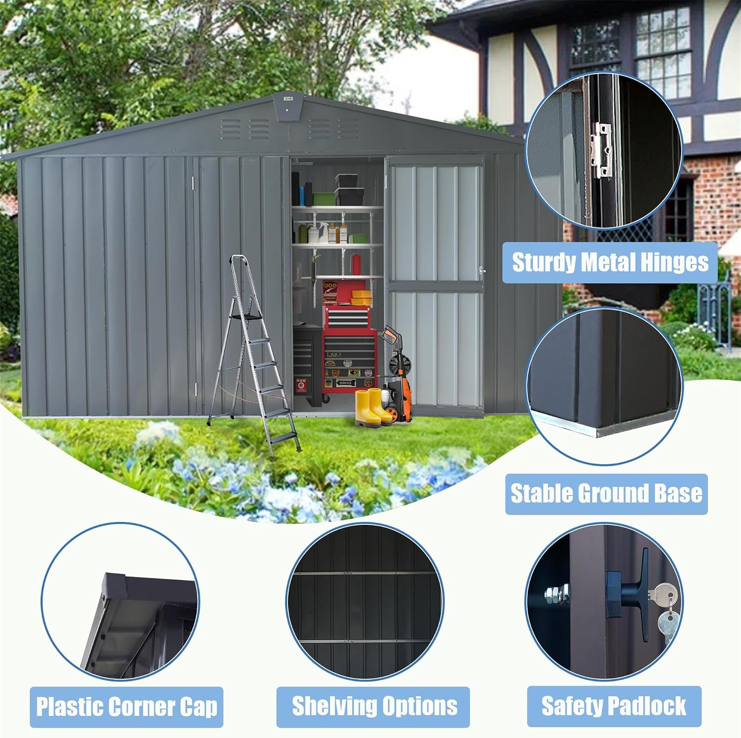 11x9FT Outdoor Storage Shed, with Sloping Roof Galvanized, Latches and Lockable Door, Steel Frame Garden Shed Metal Utility Tool Storage Room for Balcony