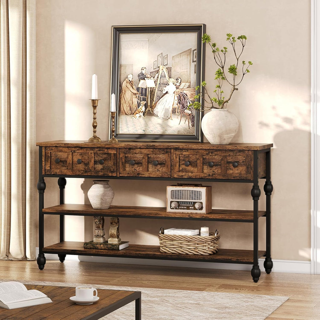 Garvee Console Sofa Table 53 in, Entryway Table with 3 Drawers, 3 Tier Metal Sofa Table, Open Shelf Behind Couch Table for Hallway, Living Room, Roman Column Design, Rustic Brown