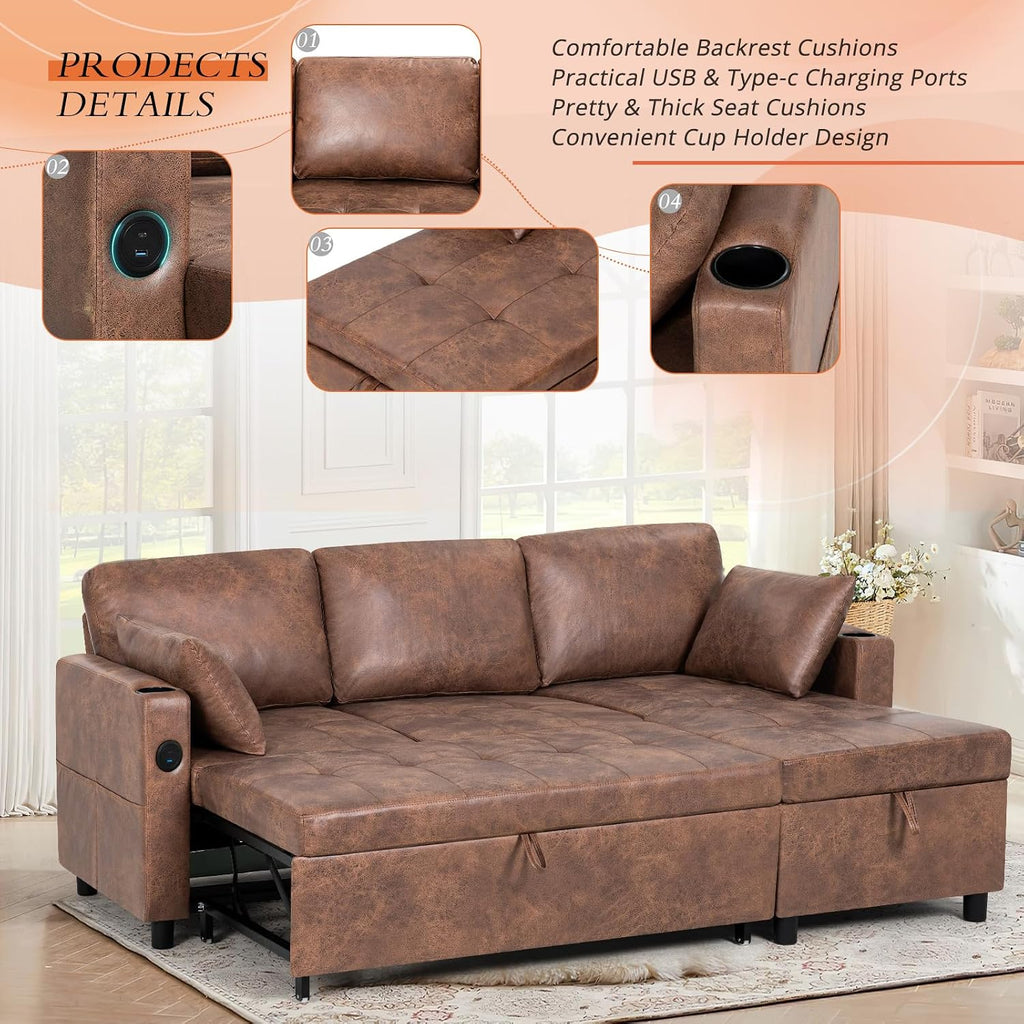 84' L-Shape Pull Out Sofa Bed with Adjustable Backrest, Upholstered Sectional Sleeper Sofa with Storage Chaise, Suede Leather Reversible Couch Bed with USB Port for Living Room, House, Brown