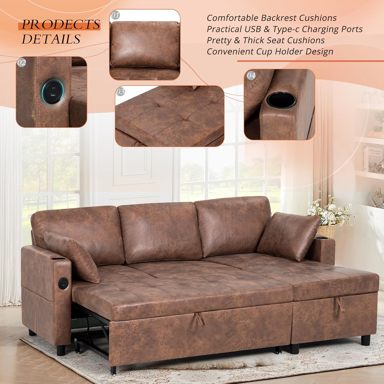 84' L-Shape Pull Out Sofa Bed with Adjustable Backrest, Upholstered Sectional Sleeper Sofa with Storage Chaise, Suede Leather Reversible Couch Bed with USB Port for Living Room, House, Brown
