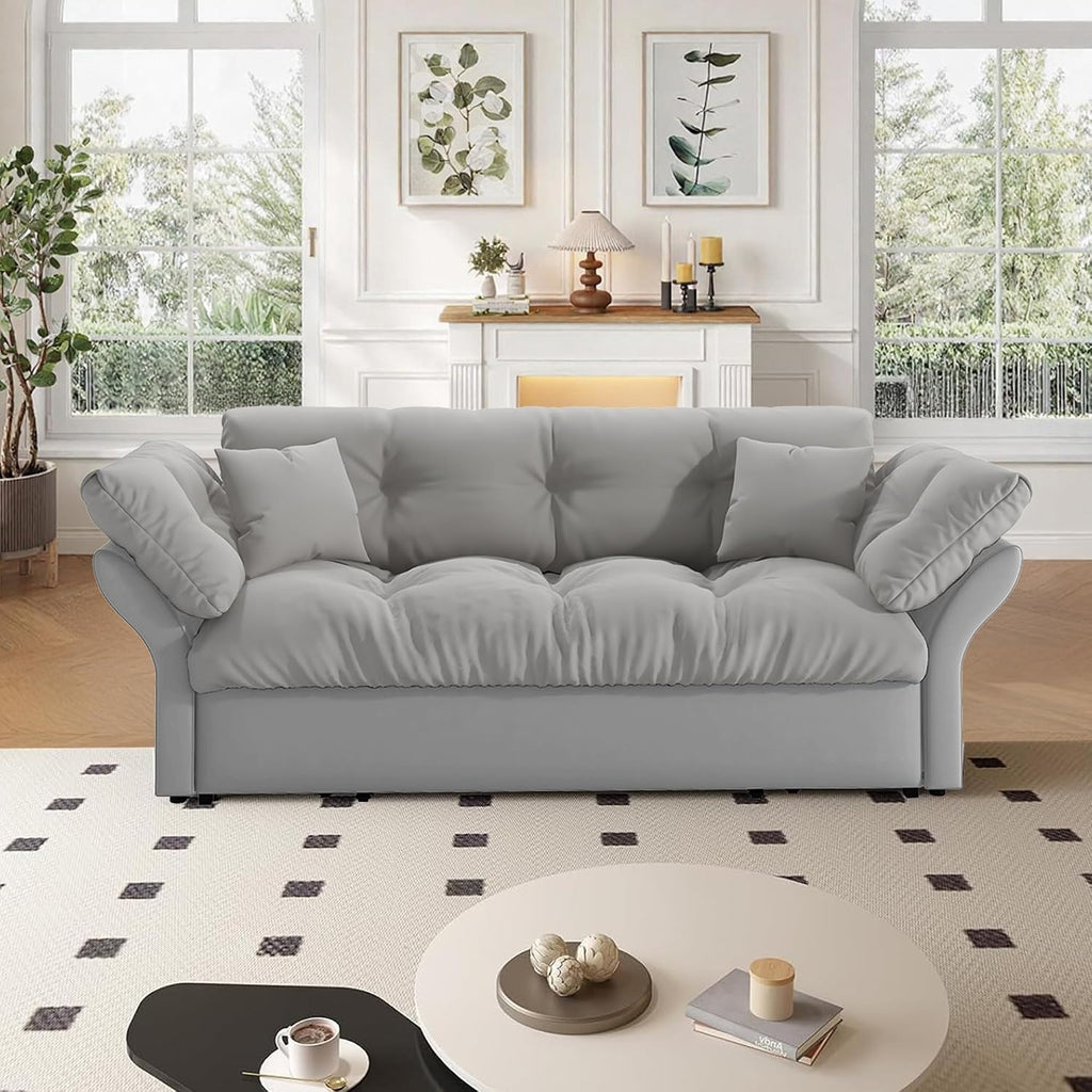 74.8' Queen Size Sleeper Sofa with Pull Out Bed, 3-in-1 Convertible Loveseat Sofa with 2 Pillows, Portable Pull Out Chaise for Living Room Apartment Small Spaces, Grey