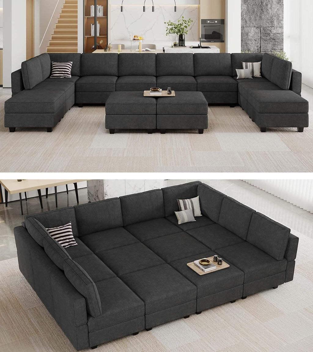 Belffin Terry Fabric Oversized U Shaped Sectional Sofa with Chaise Modular Sectional Sofa Couch for Living Room Convertible Sleeper Bed. Black Couch