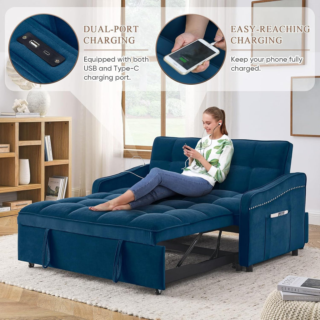 Antetek 3 in 1 Sleeper Sofa Couch Bed with USB & Type C Port, 52' Small Modern Convertible Tufted Velvet Loveseat Sofa w/Pull Out Bed for Living Room Small Space Apartment, Blue