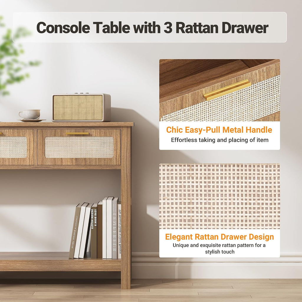 ELYKEN 51.2' Entryway Table with 3 Rattan Drawers, Boho Console Table Narrow with Storage, Long Sofa Table for Behind Couch Entry Hallway, Entrance, Living Room, Oak Brown