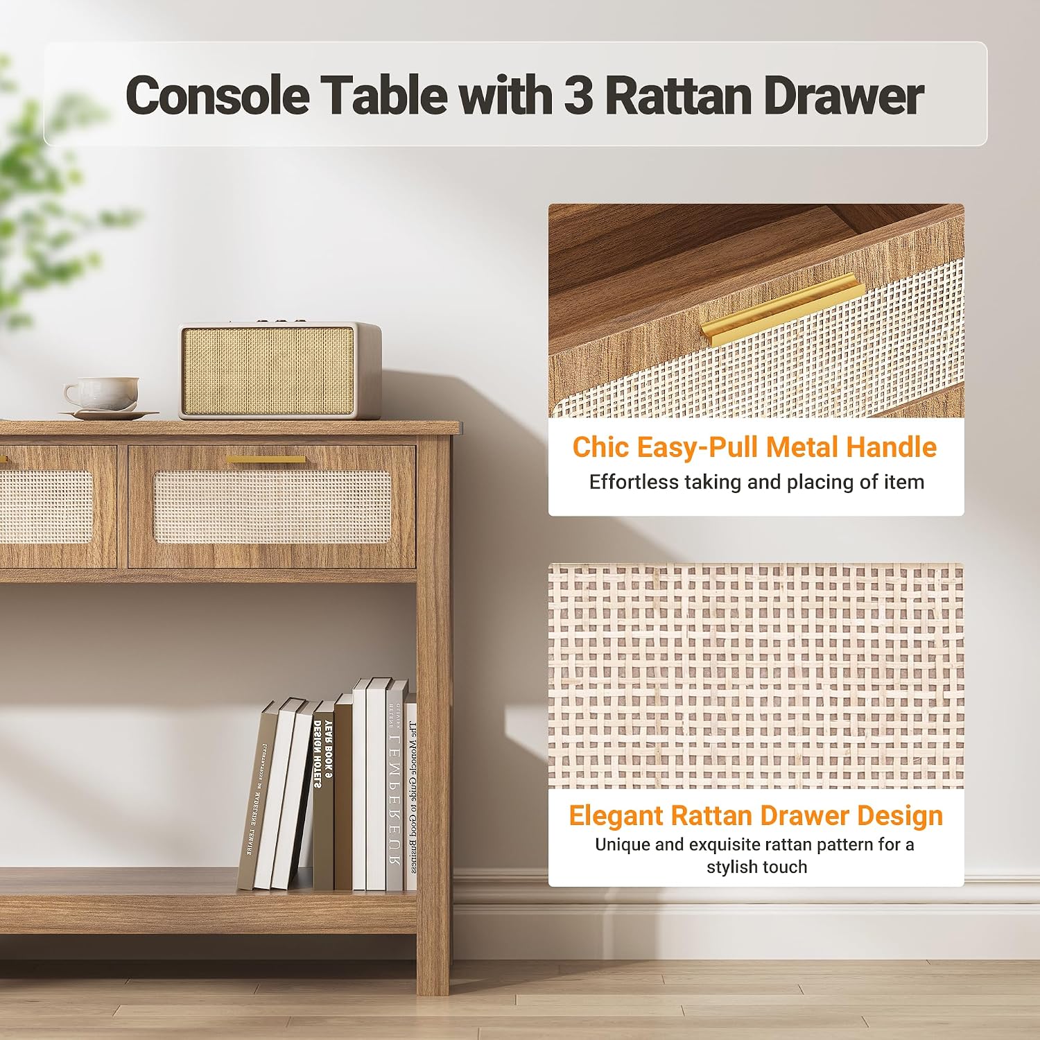 ELYKEN 51.2' Entryway Table with 3 Rattan Drawers, Boho Console Table Narrow with Storage, Long Sofa Table for Behind Couch Entry Hallway, Entrance, Living Room, Oak Brown