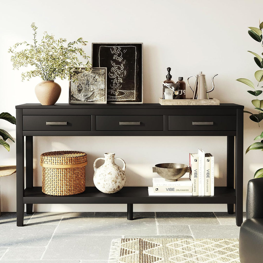 Merax Entryway Console Table, with 3 Storage Drawers, Bottom Shelf Design/Wood Frame/Behind Couch & Sofa, Black
