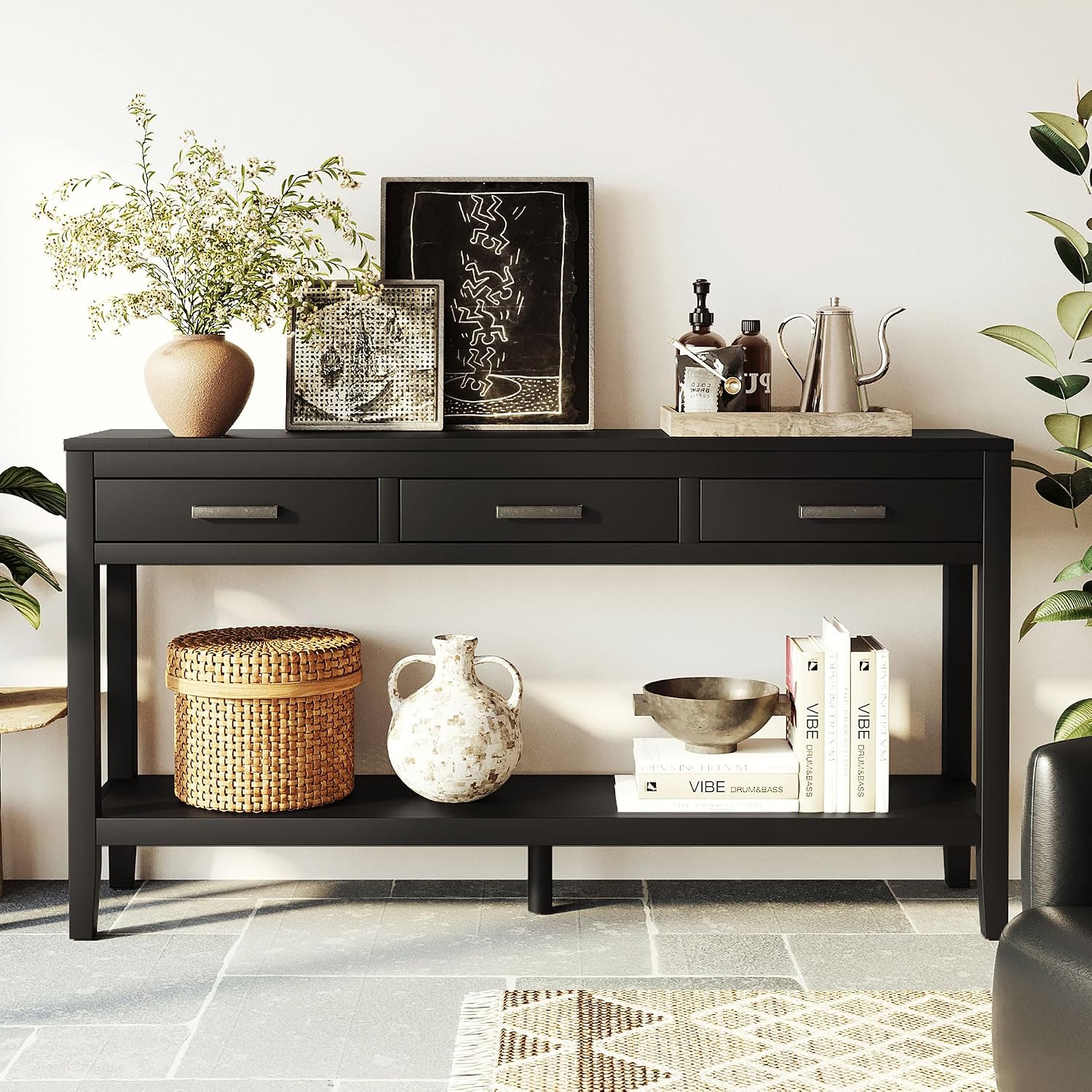 Merax Entryway Console Table, with 3 Storage Drawers, Bottom Shelf Design/Wood Frame/Behind Couch & Sofa, Black