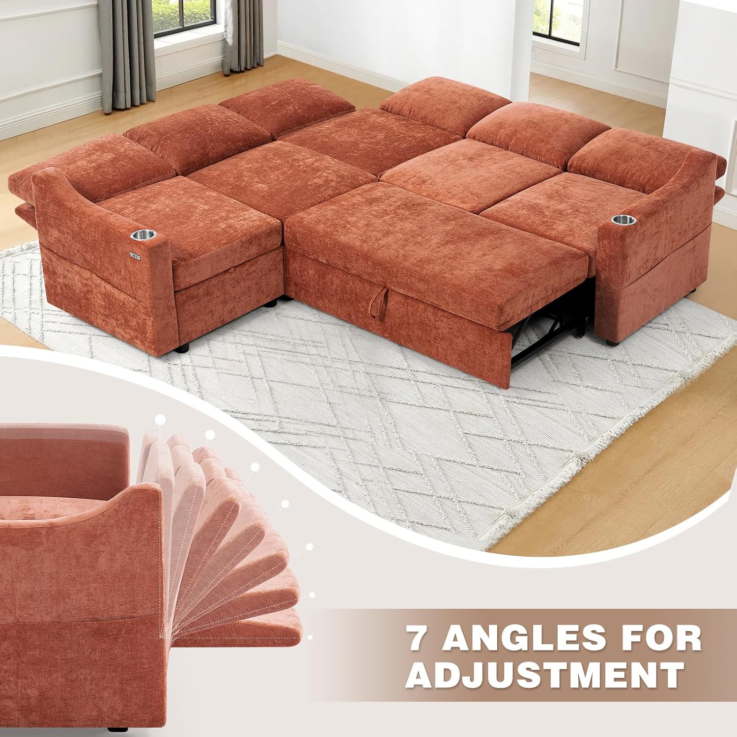 84' L-Shape Sectional Sofa Bed w/Adjustable Backrests, Chenille L-Shape Upholstered Pull Out Sofa Bed w/USB Ports, Convertible Corner Sleeper Couch w/Storage Space for Living Room, Orange