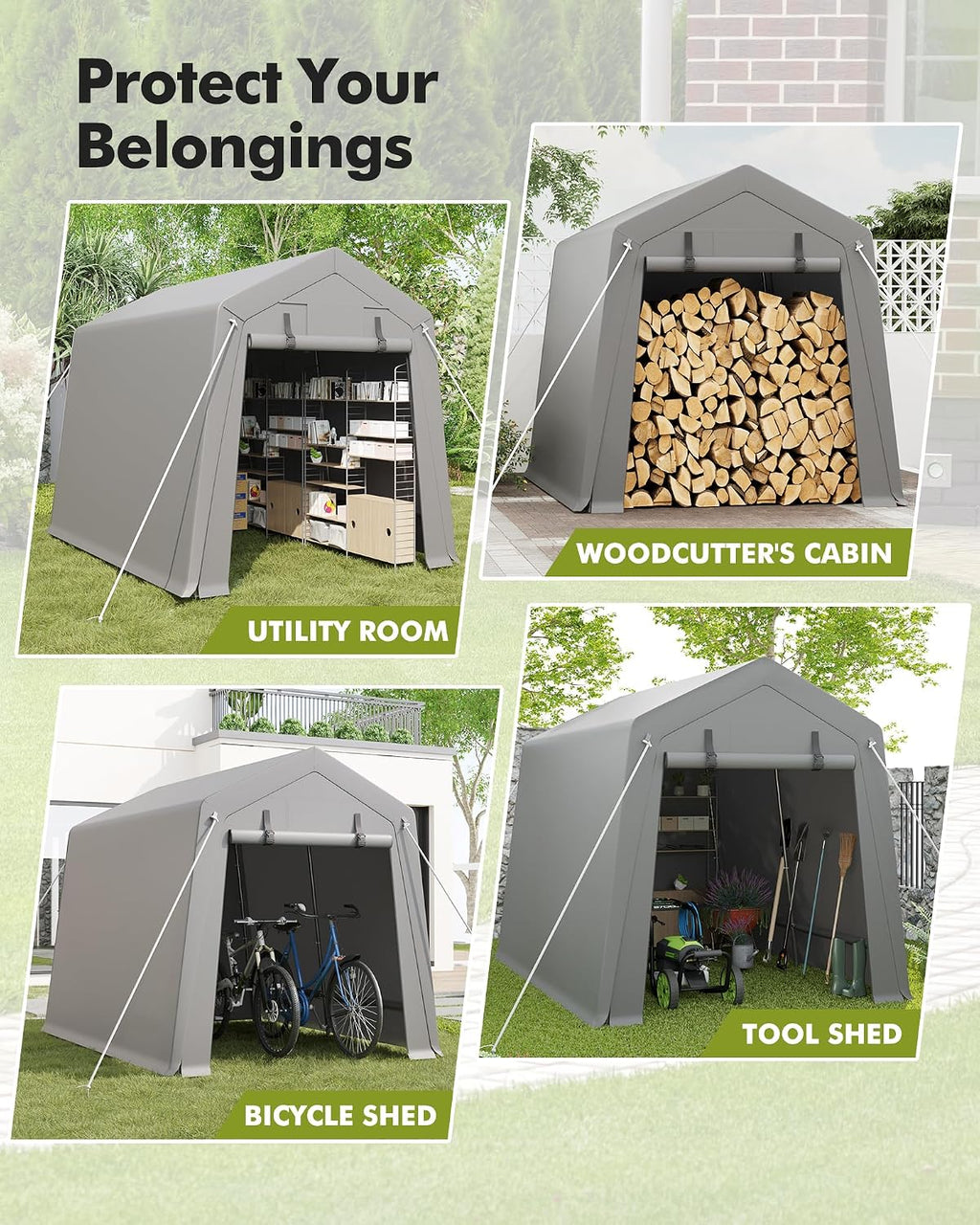 7 x 10 ft Portable Carport, Storage Shed with Heavy Duty Waterproof Tarp & 2 Roll-Up Zipper Doors, Ideal Tent for Motorcycles, Bikes, Garden Tools, and Firewood