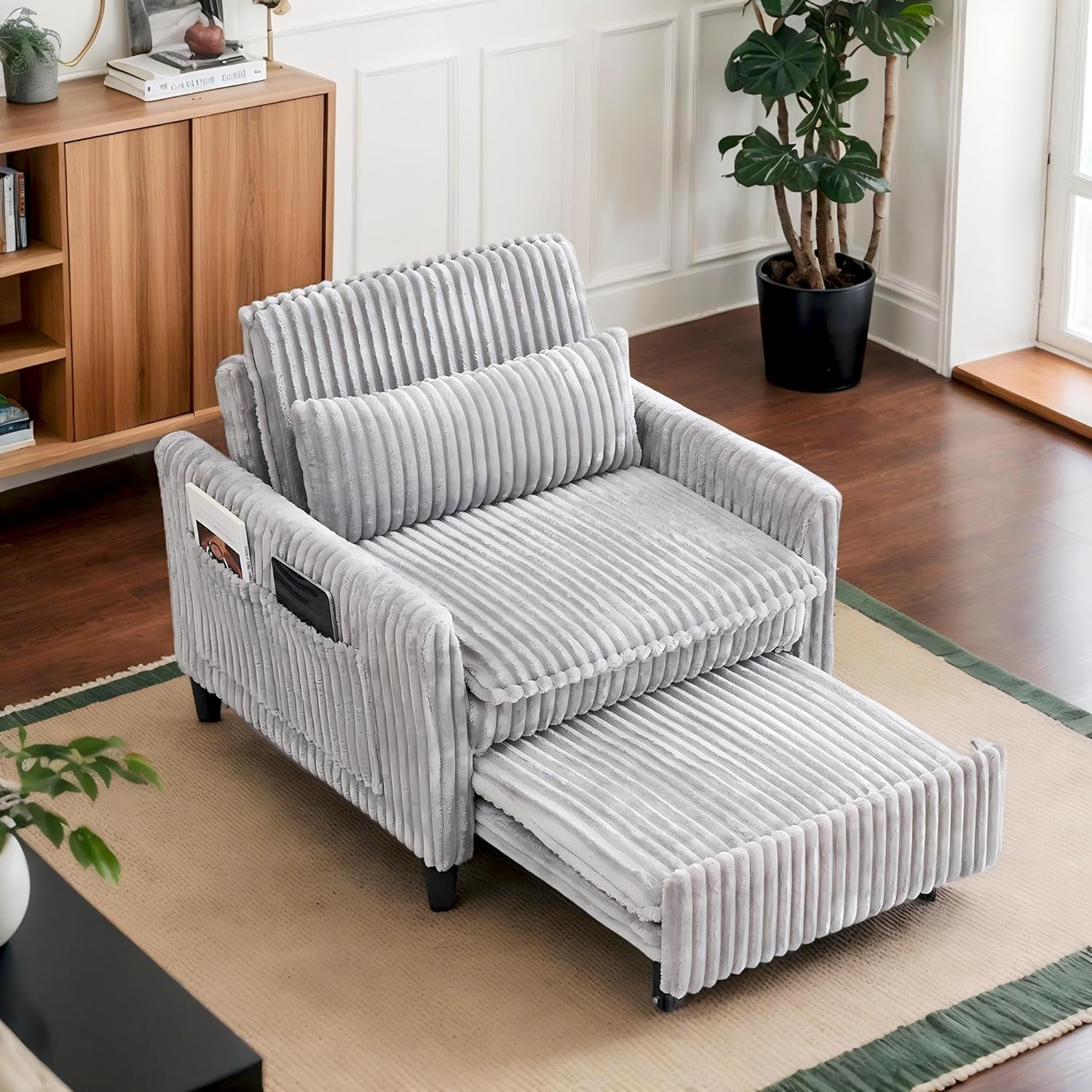 Majnesvon Modern Corduroy Fabric Sofa Bed Futon,3 in 1 Convertible Pullout Bed Sleeper Couches with 3 Reclining Backrests,Small Sofa Chair Bed for Living Room Bedroom (Light Grey)
