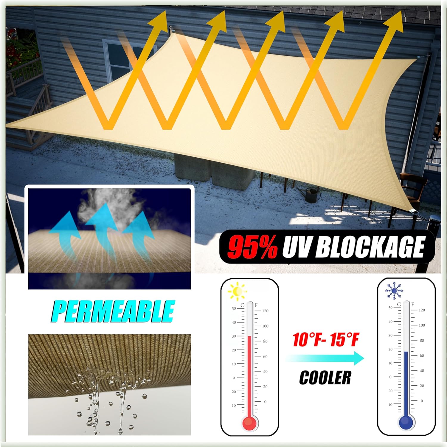 Amgo Custom Size 14' x 20' x 24.4' Sand Beige Right Triangle Sun Shade Sail UPF50+ AGTAPT18, Order to Make Canopy Awning, 95% UV Blockage, Water & Air Permeable, Commercial Standard (We Customize)