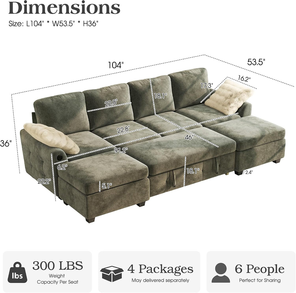Ihanherry L-Shaped Sectional Sofa Bed, 6-Seater Convertible Pull Out Sleeper with Storage Ottoman, USB Charging Ports & Wide Armrests, Premium Chenille Fabric for Large Living Room, Apartment（Gray）