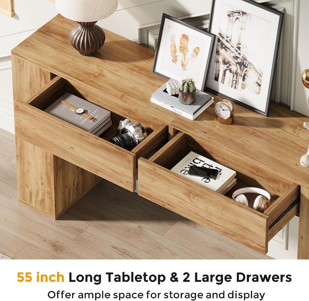 Farmhouse Console Table with LED Light and 2 Drawers, 55 inch Long Sofa Table Behind Couch, Narrow Entry Table for Entryway, Hallway, Entrance, Living Room (Light Brown)